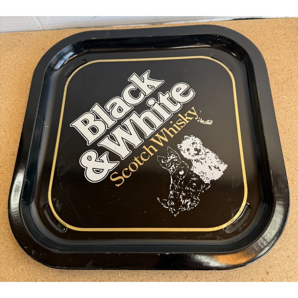 Vintage Black And White Scotch Whisky Scottie Dogs Square 12"X 12" Metal Tray